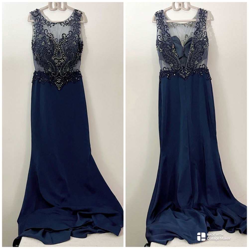 Sumptuous Navy Blue Embellished Evening Gown size 0